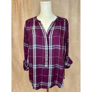 Bass Purple Plaid Rayon Popover Tunic Blouse Women's Medium Roll Tab Sleeve